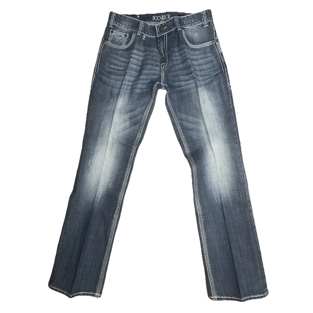 Rock and Roll Cowgirl Boyfriend Jeans 30X34 Mid Rise Bootcut Whiskered Denim